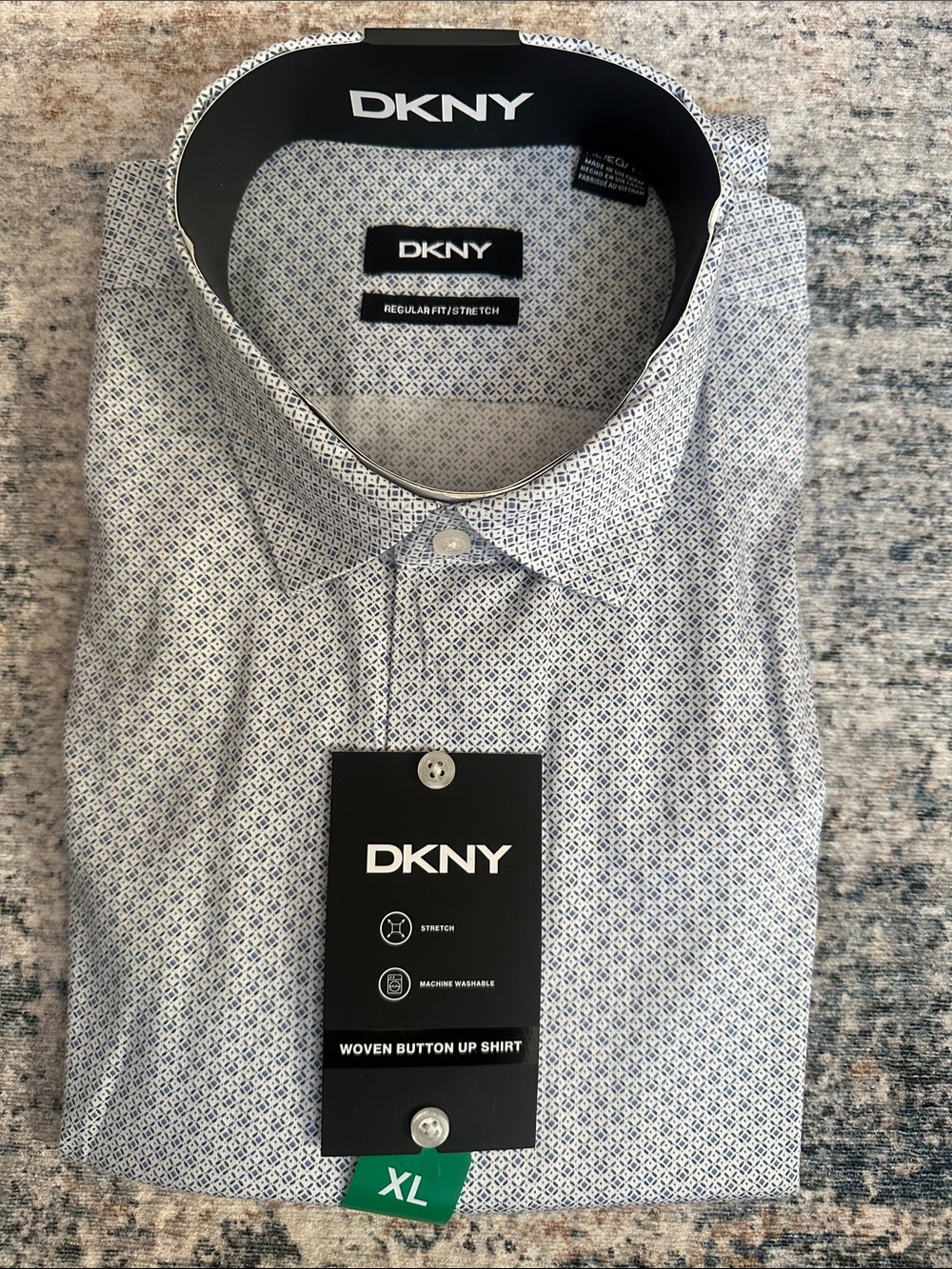 DKNY Men's White and Blue Micro-Pattern Dress Shirt